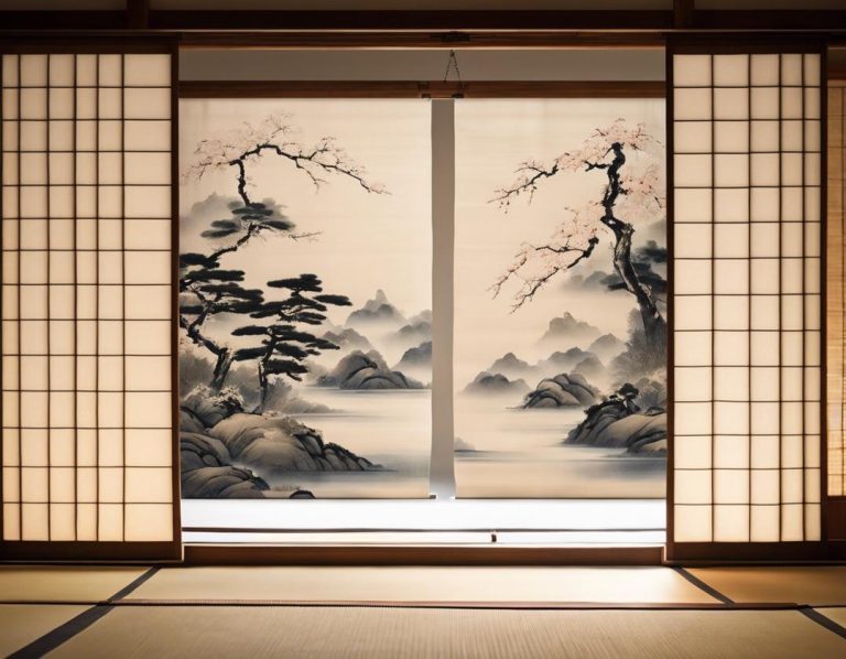Affichage panoramique horizontal d'un rouleau japonais traditionnel (kakemono) contre un intérieur minimaliste sous un éclairage ambiant.