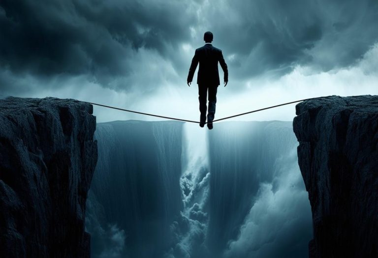 Image conceptuelle d'un funambule traversant prudemment un gouffre, symbolisant la décision risquée de sous-traiter la force de vente, avec un abysse orageux suggérant des pièges potentiels, réalisée dans un style de clair-obscur dramatique.