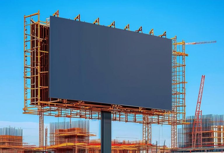 Image contrastée d'un grand panneau publicitaire monté sur un chantier animé sous un ciel bleu clair, en haute résolution, avec mise au point en premier plan.