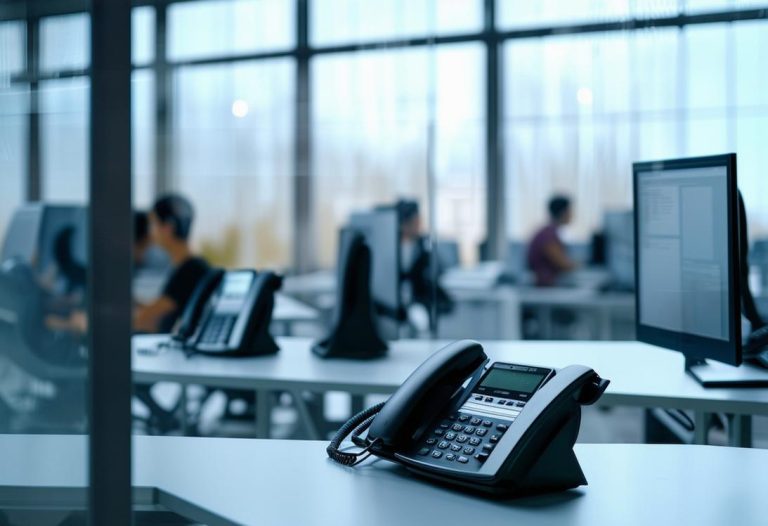 Une ambiance de bureau minimaliste avec des appareils téléphoniques et des ordinateurs déconnectés, une équipe dans un centre de télécommunications externalisé répond activement aux appels derrière une vitre.