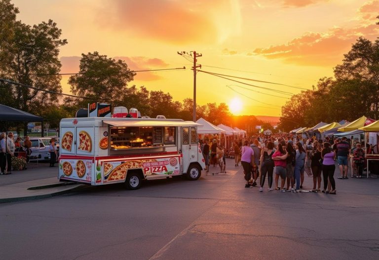 Vue de rue d'un parc de food trucks animé lors d'un coucher de soleil avec un camion à pizza vintage placé près d'un carrefour et des clients qui font la queue, finition mate, mise au point nette et éclairage ambiant.