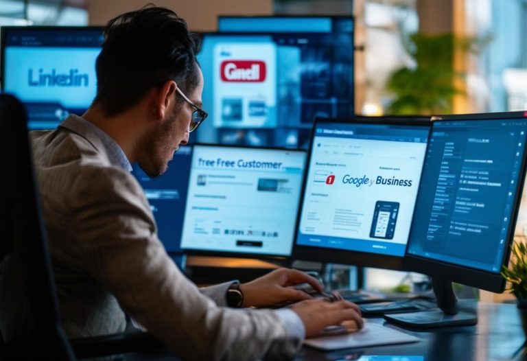 Entrepreneur concentré étudiant différents sites web importants comme LinkedIn, Google My Business et YouTube sur plusieurs écrans dans un bureau moderne et épuré.
