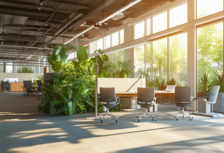 Image vive d'un bureau ouvert baigné de lumière naturelle, présentant des chaises ergonomiques, des panneaux acoustiques pour la réduction du bruit et des grappes de plantes d'intérieur vertes, photographié avec un filtre doux et chaud, finition mate, éclairage ambiant.