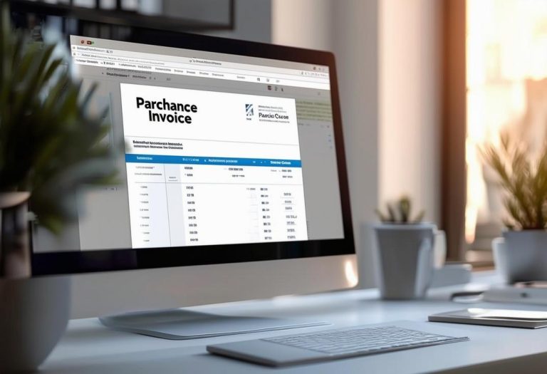 Photographie haute résolution d'un bureau moderne élégant avec un écran d'ordinateur affichant la page web 'Parchance Invoice', subtilement éclairé par un éclairage de bureau ambiant.