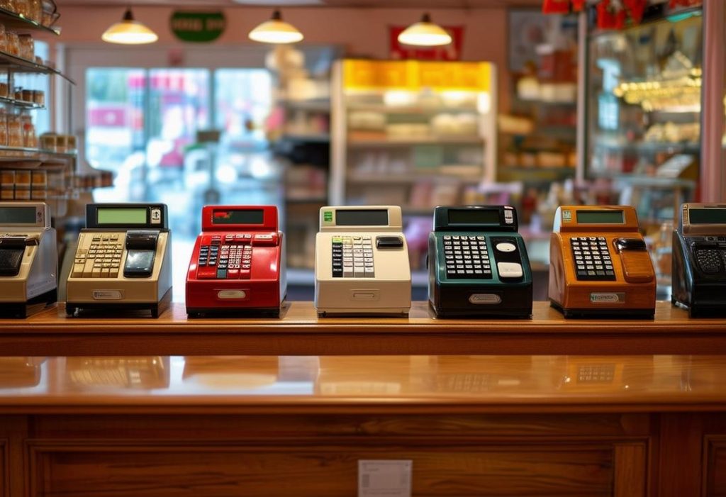 Arrangement pittoresque de six modèles différents de caisses enregistreuses, allant du vintage au moderne, placés soigneusement sur un comptoir en bois poli dans une petite boutique accueillante, mise au point douce, éclairage chaleureux, haute résolution.