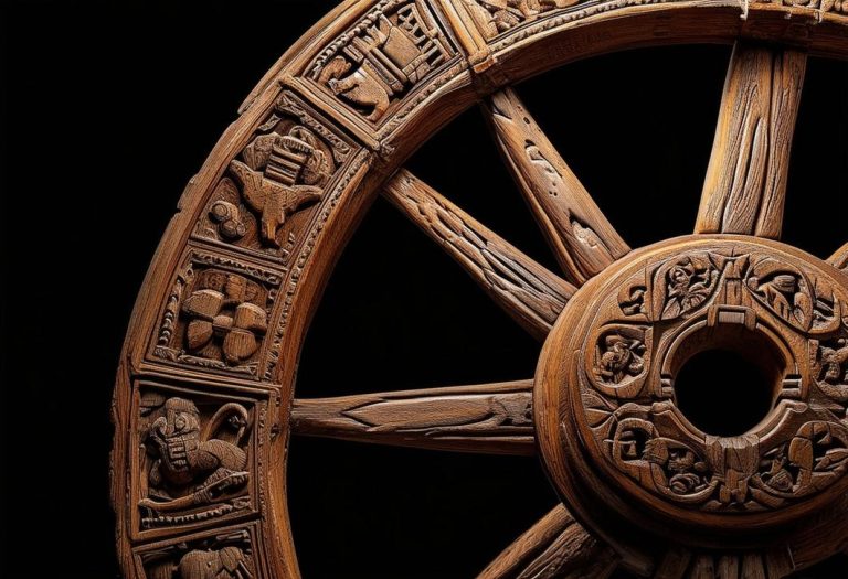 Image haute résolution d'une grande roue en bois finement sculptée avec différents symboles de transformation, sur un fond noir pour le contraste.