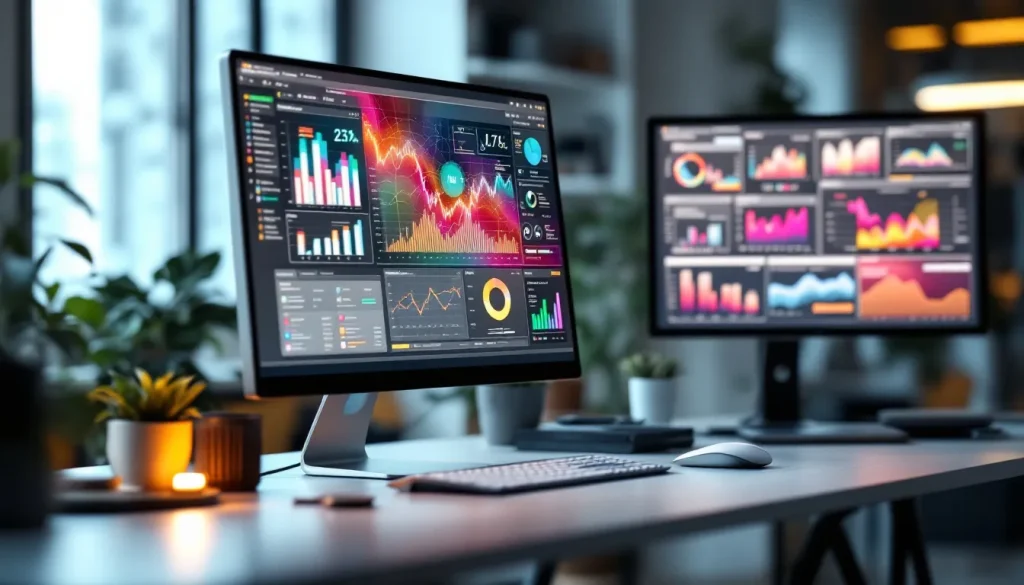 Bureau moderne avec un espace de travail organisé, des équipements technologiques et des éléments de décoration épurés.