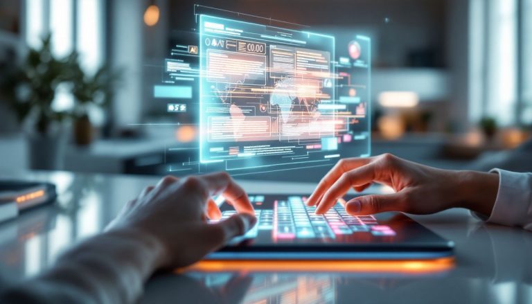 Claviers futuristes avec des hologrammes interactifs évoquant une technologie avancée.