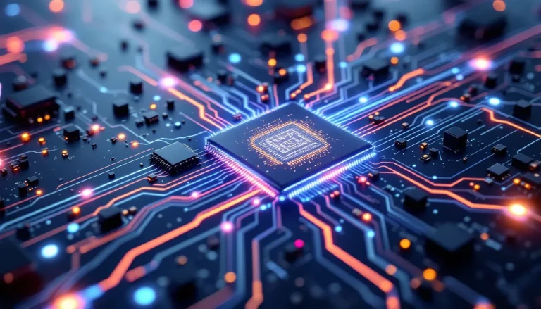Gestionnaire mémoire stylisé avec des circuits élégants sur fond technologique.