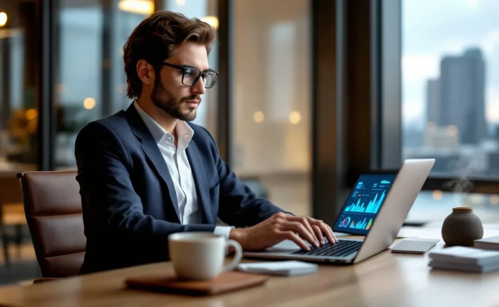 Un représentant du développement commercial analyse des données de vente sur un ordinateur portable moderne dans un bureau bien éclairé.