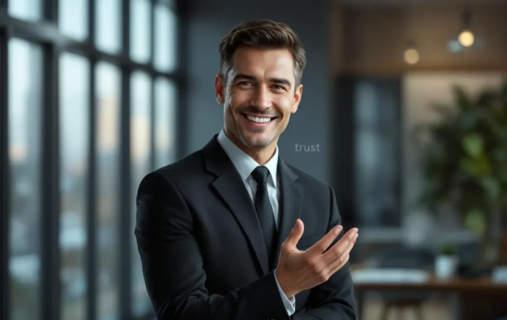 Un professionnel confiant tend la main vers la caméra, avec les yeux, le sourire, la posture et les mots discrètement mis en valeur par des effets doux.
