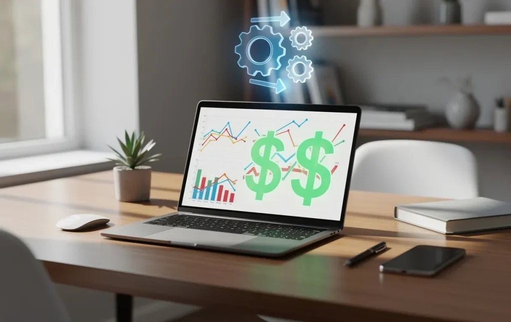 Un bureau ordonné avec un ordinateur portable affichant des graphiques et des signes dollar, ainsi qu'une icône d'automatisation lumineuse sous une lumière naturelle.
