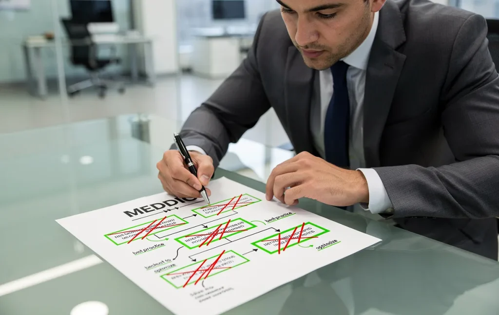 Un professionnel examine un organigramme MEDDIC partiellement fragmenté, annoté d’erreurs en rouge et de bonnes pratiques en vert, sur un bureau en verre dans un bureau éclairé.