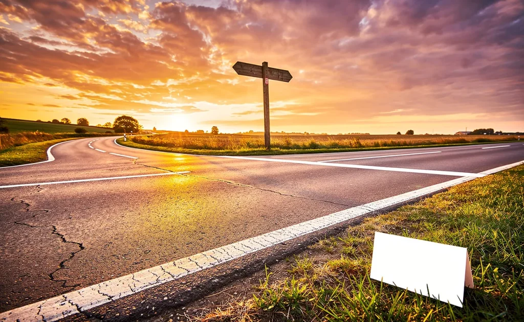 Route sinueuse marquée se divisant à un carrefour au crépuscule, avec un panneau indiquant deux directions et une carte posée au bord de la chaussée.