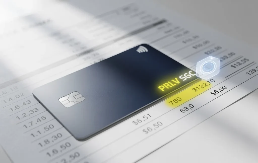Une carte bancaire moderne posée sur un relevé financier où PRLV SGC est mis en avant à côté d’une icône de notification lumineuse.