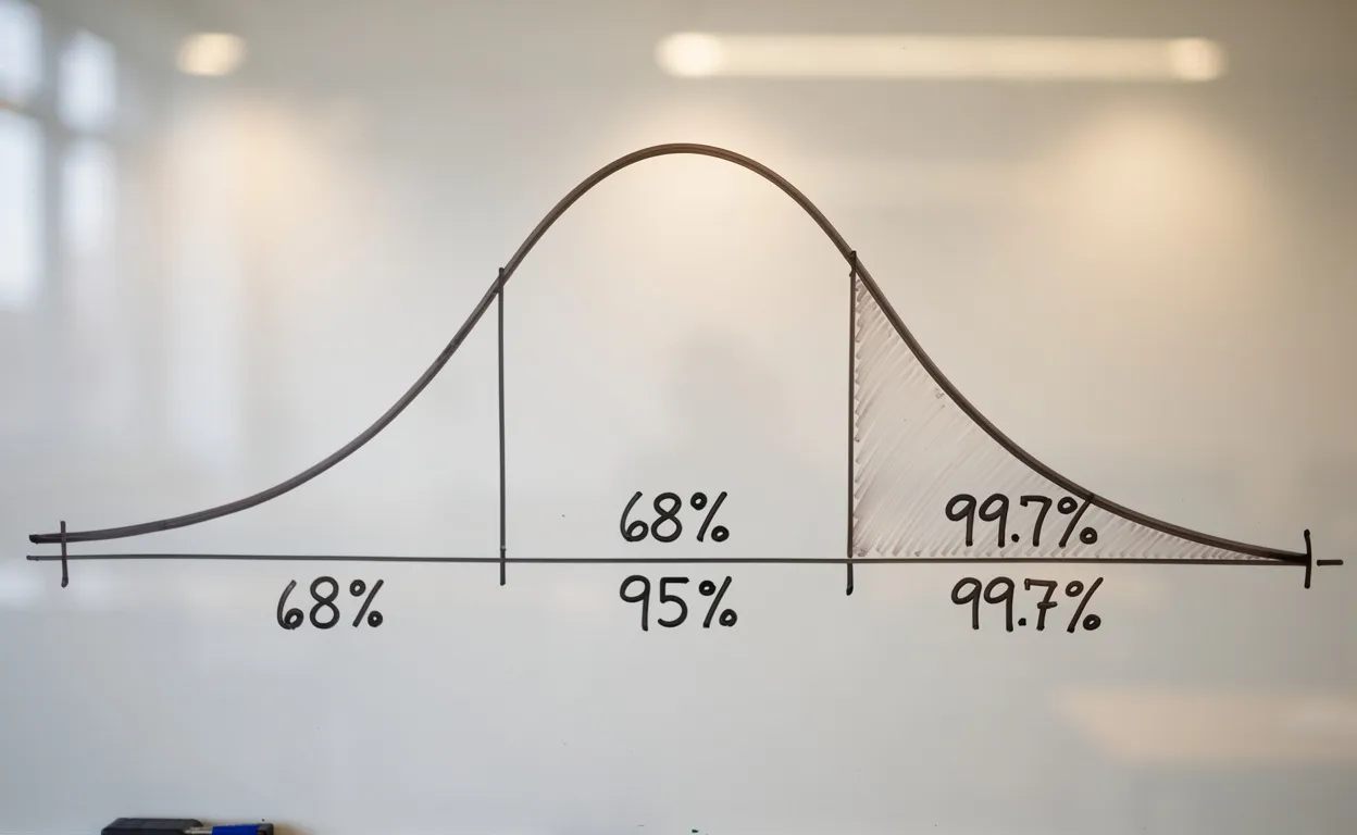 Courbe de Gauss dessinée sur un tableau blanc avec les pourcentages 68, 95 et 99,7 annotés dessous.