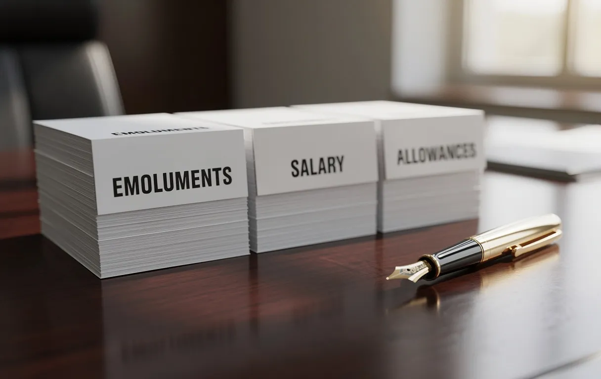 Des documents empilés portant les mentions émoluments, salaire, honoraires et indemnités reposent sur un bureau avec un stylo doré à côté.