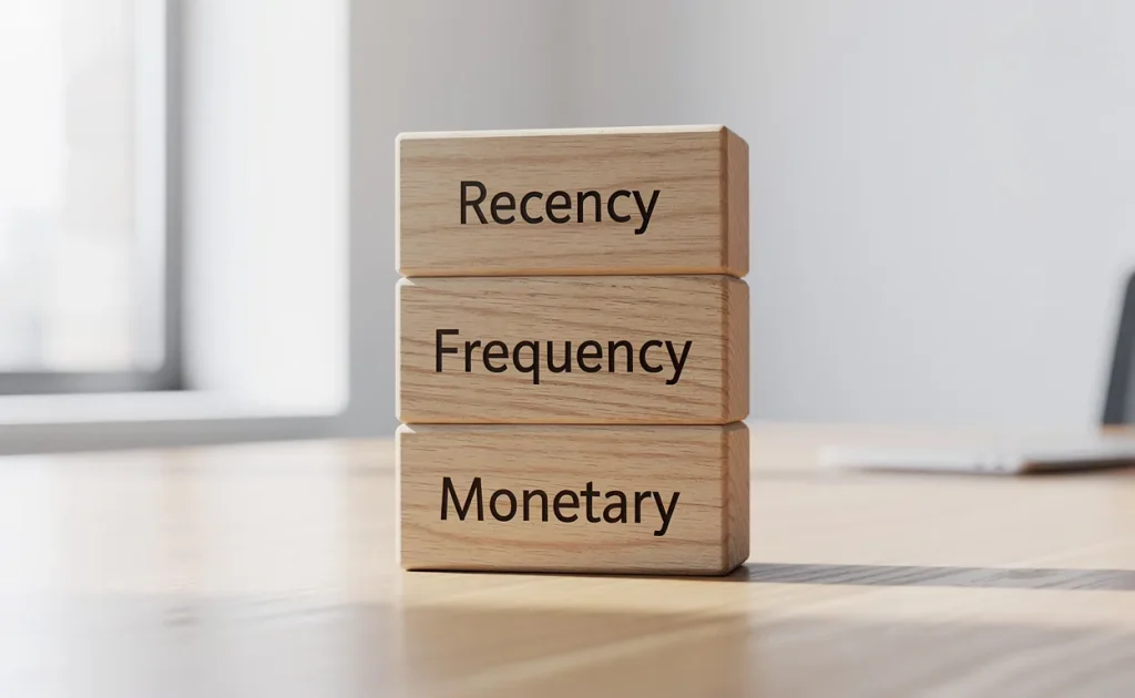 Trois blocs empilés portant les mots recency, frequency et monetary sont posés sur un bureau en bois sous une lumière naturelle.