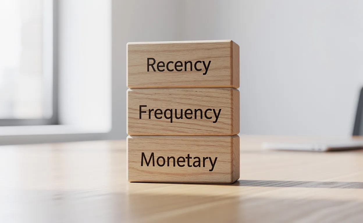 Trois blocs empilés portant les mots recency, frequency et monetary sont posés sur un bureau en bois sous une lumière naturelle.