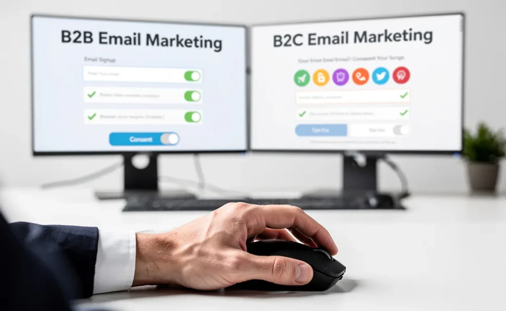 Un homme utilise une souris d’ordinateur devant deux écrans affichant des formulaires de marketing par e-mail B2B et B2C, avec des icônes de consentement et d’option de retrait.