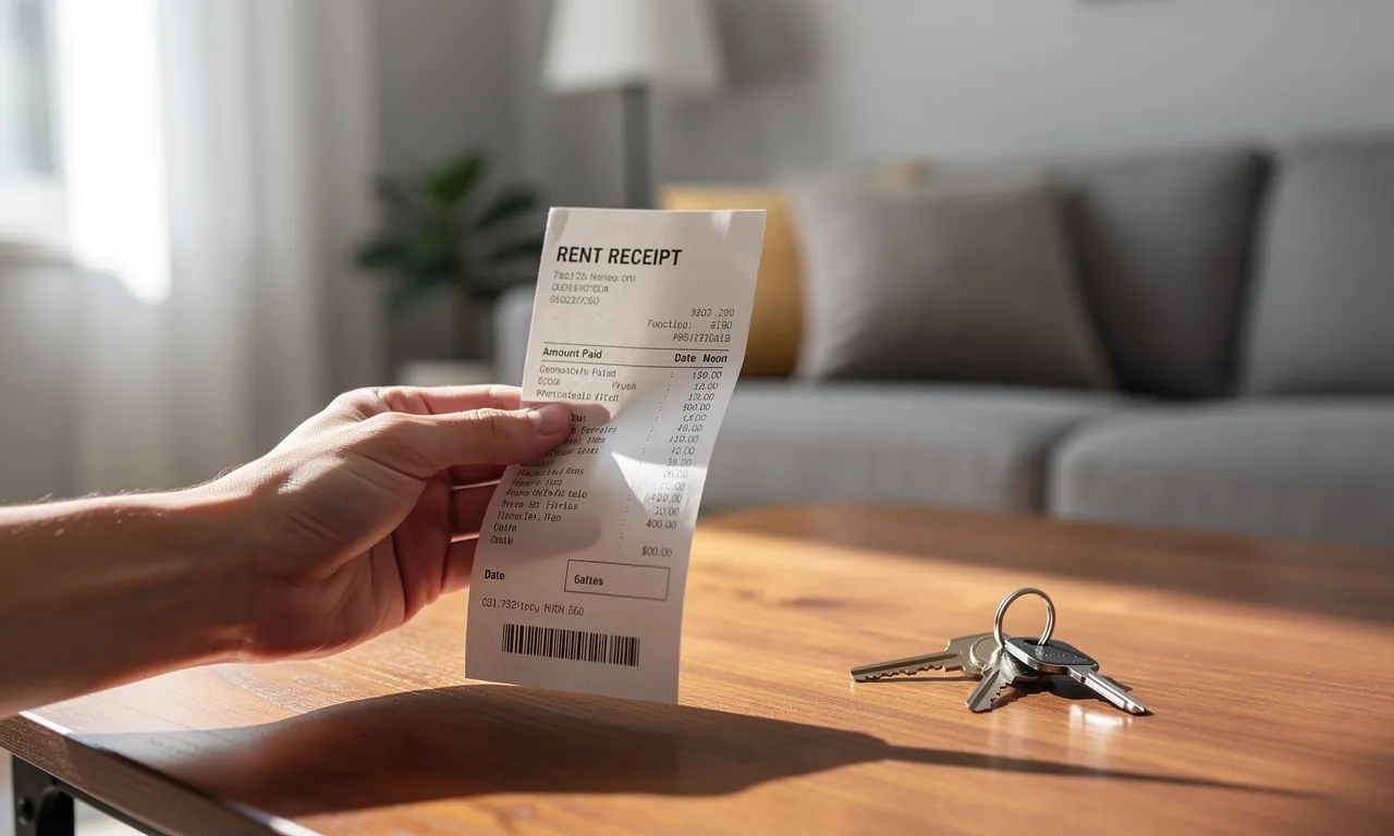 Une main tient un reçu de loyer devant des clés d’appartement et un salon flou en arrière-plan, éclairé par une lumière naturelle.