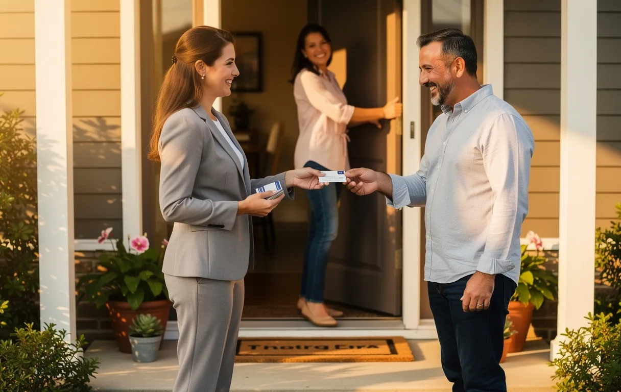 Un agent immobilier tend une carte de visite à un propriétaire souriant devant sa porte dans une ambiance lumineuse et chaleureuse.