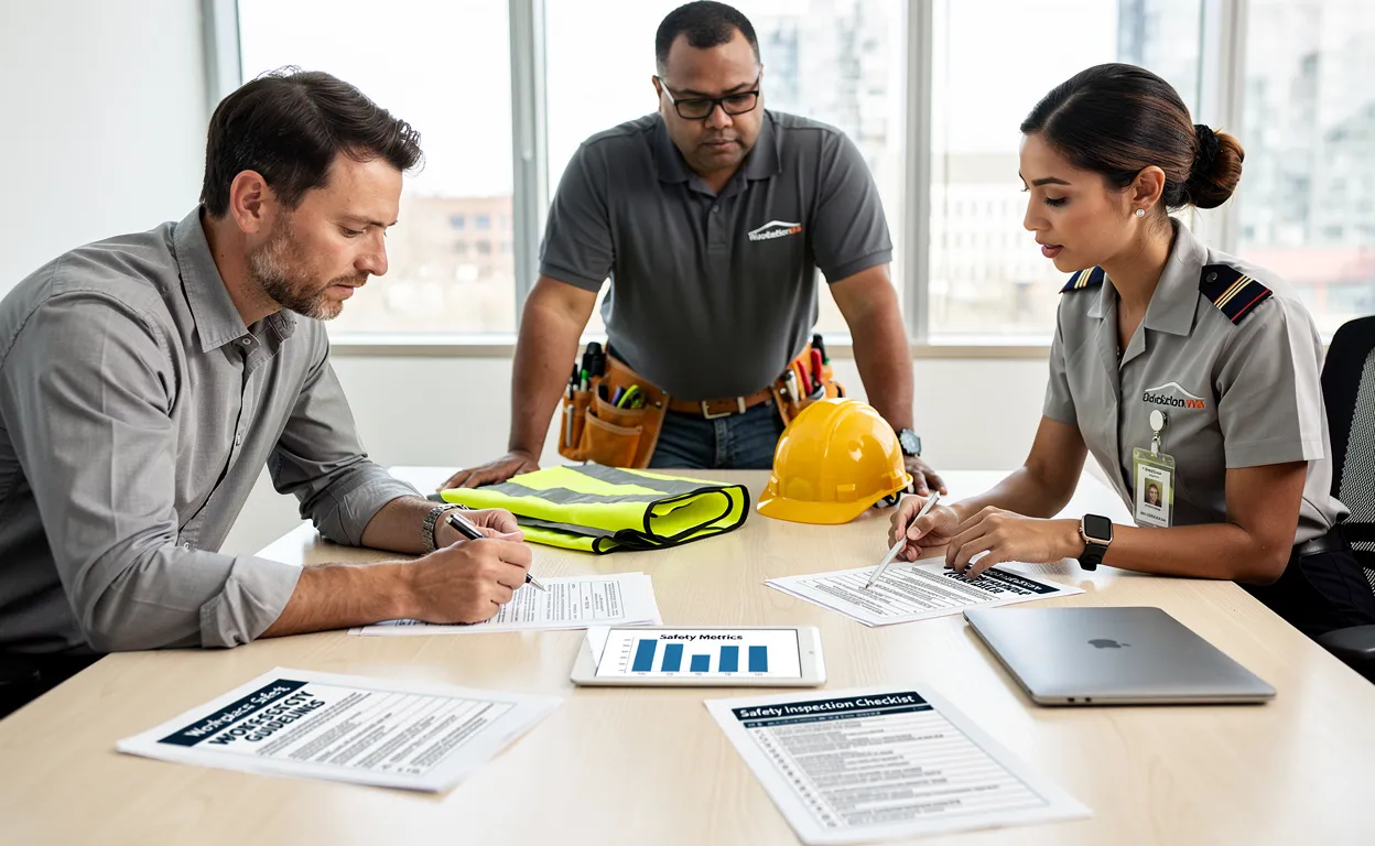 Trois professionnels de secteurs différents discutent autour d’une table avec des documents de sécurité et un casque de protection.