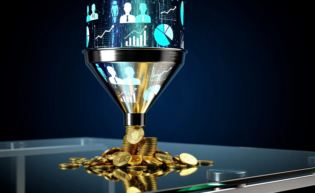 Un entonnoir métallique posé sur une table en verre laisse passer des icônes lumineuses de personnes et de graphiques qui se transforment en pièces dorées, sur fond bleu sombre.