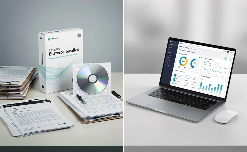 Bureau d’entreprise montré en coupe, avec d’un côté un logiciel sur CD et dossiers papier, et de l’autre un ordinateur portable affichant un logiciel en nuage.