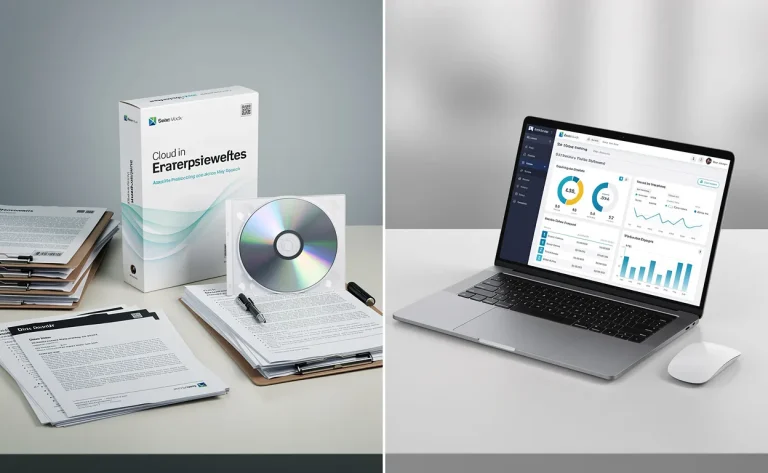 Bureau d’entreprise montré en coupe, avec d’un côté un logiciel sur CD et dossiers papier, et de l’autre un ordinateur portable affichant un logiciel en nuage.