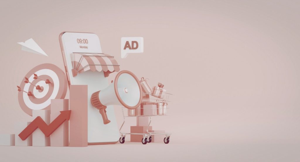 Illustration 3D stratégie marketing intensif avec cible publicitaire mégaphone et flèche de croissance