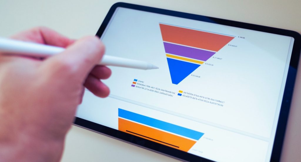 Funnel marketing par cohorte affiché sur tablette avec graphiques en entonnoir colorés