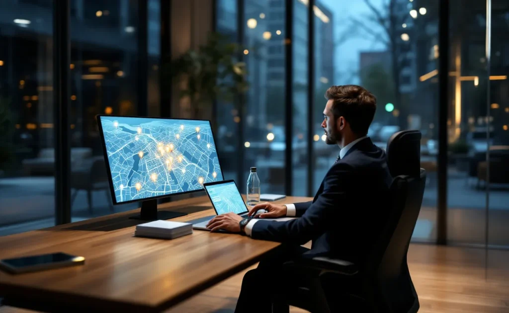 Un professionnel examine une carte numérique affichant des emplacements d'entreprises sur un bureau moderne dans un bureau lumineux aux parois vitrées.