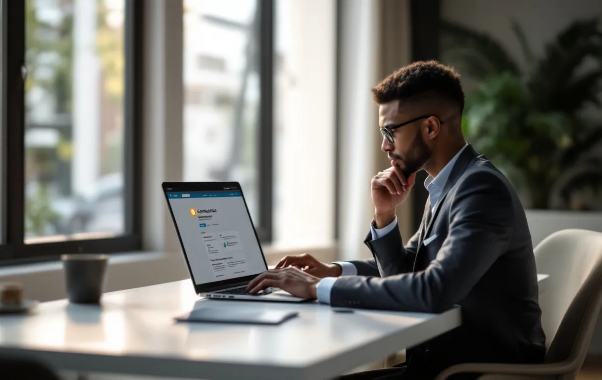 Un professionnel assis à un bureau moderne tape sur un ordinateur portable affichant LinkedIn, avec une icône de connexion lumineuse au-dessus de l’écran dans une ambiance élégante et lumineuse.