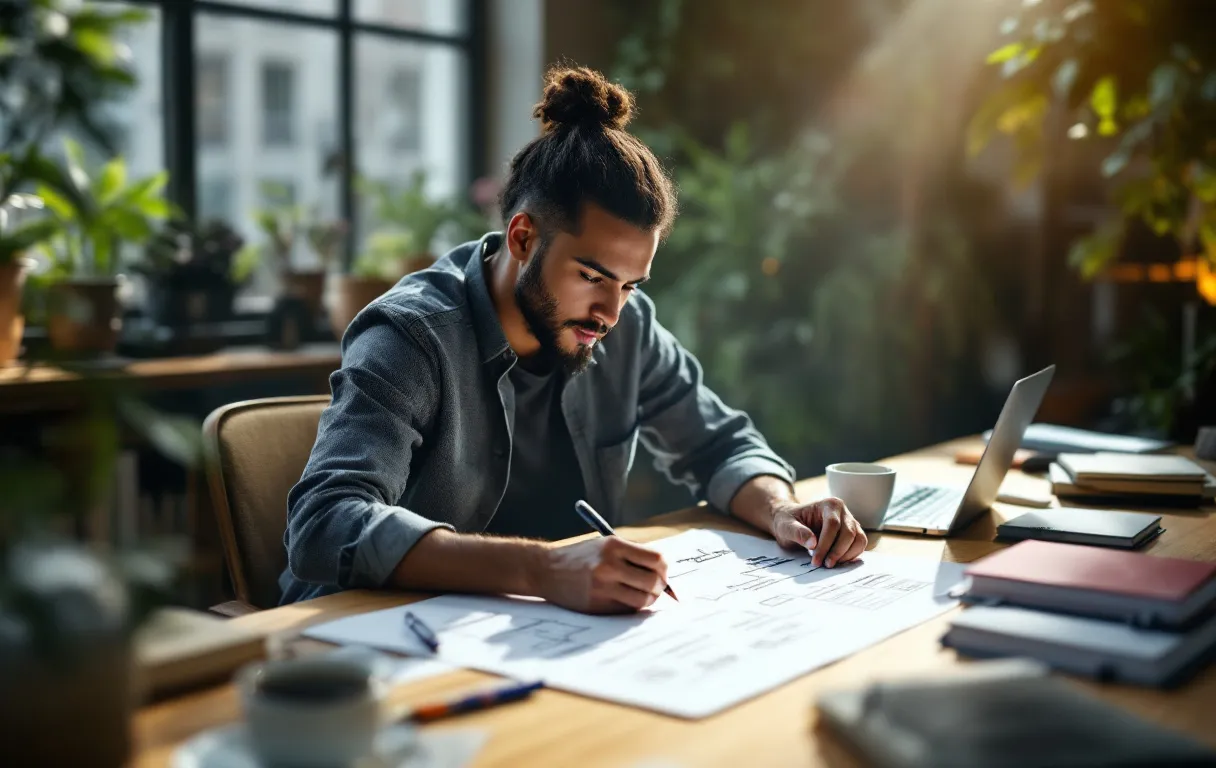 Un travailleur indépendant élabore un plan marketing sur une feuille blanche à un bureau moderne, entouré de cahiers et d’un ordinateur, dans une lumière matinale douce.